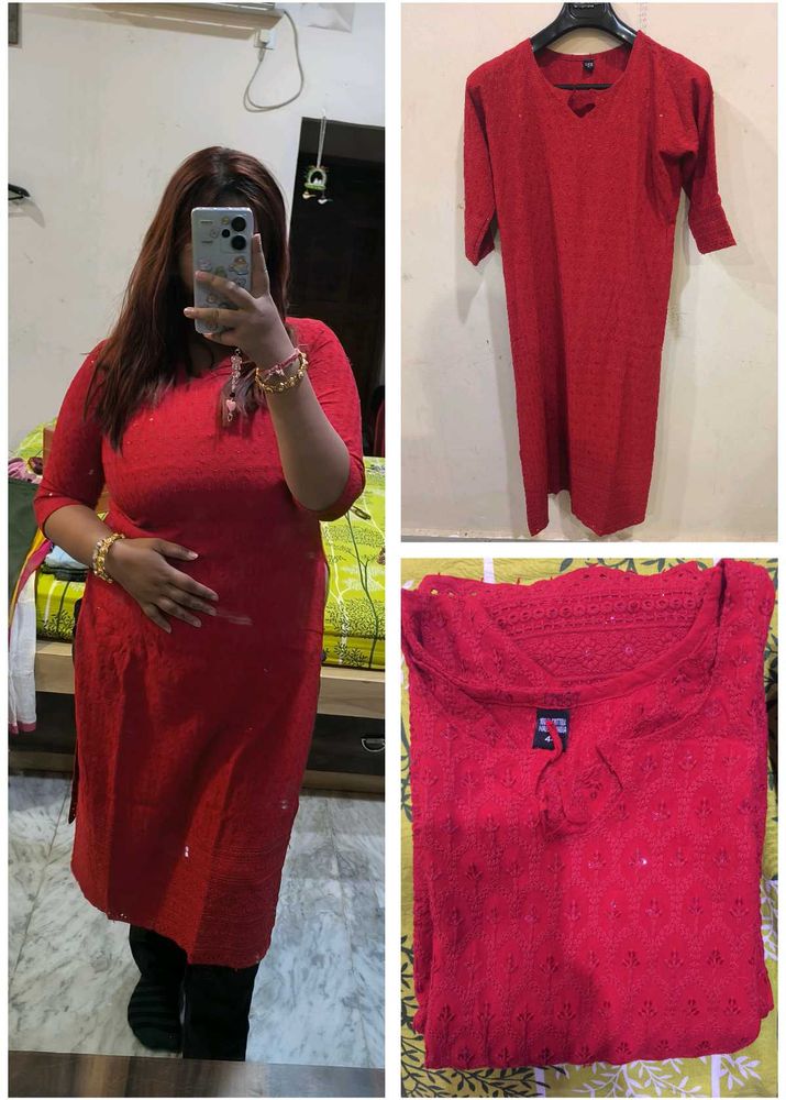 Red Embroidered chikankari Kurti