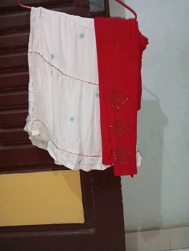 Combo Of White Palazo And Red Pajami