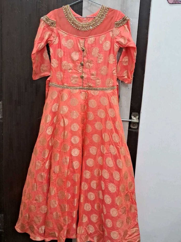 Elegant Peach &amp; Gold Ethnic Gown