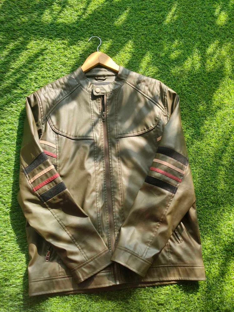 Fine Grain Leather Olive Green Racer Jacket