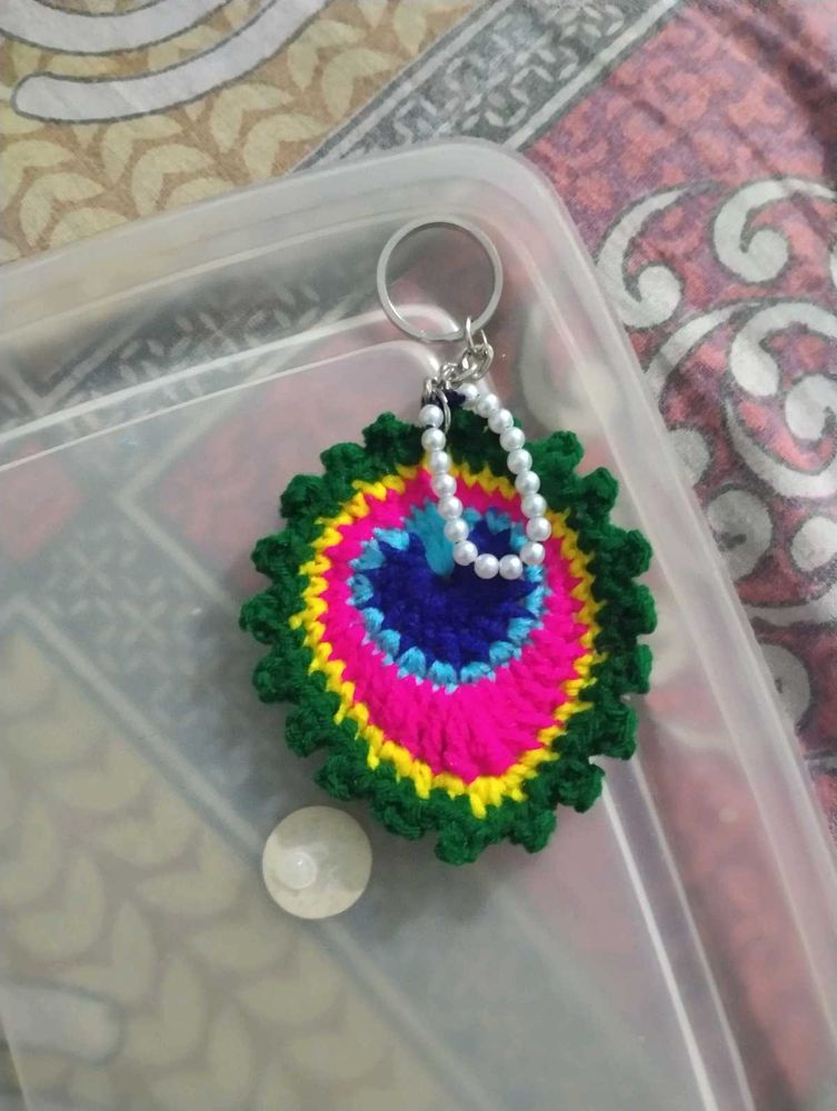 Peacock Feather Crochet Keychain