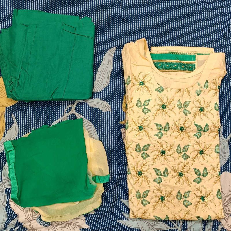 Cream and Green Salwar Kameez