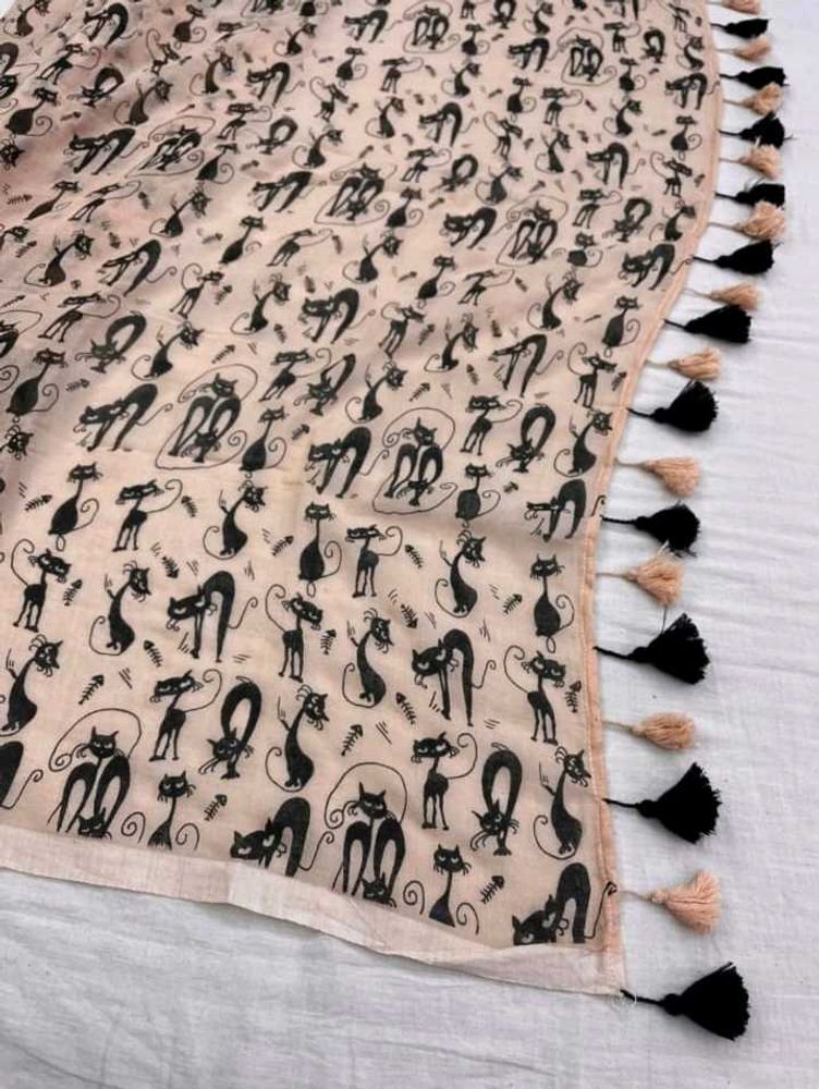 Cute Cat Print Saree with tassels
