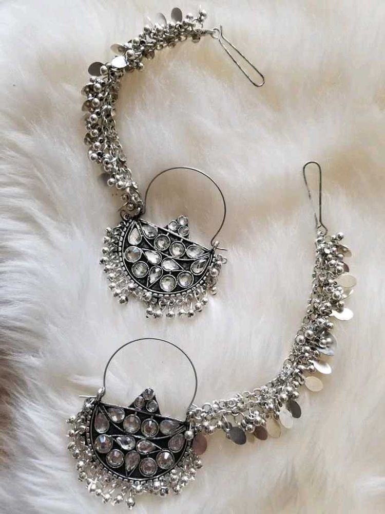 Silver Crystal Ear Ring with Chain