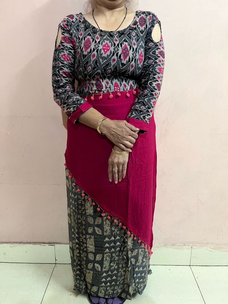 Ikat Fusion Kurti - Grey/Pink - Size L