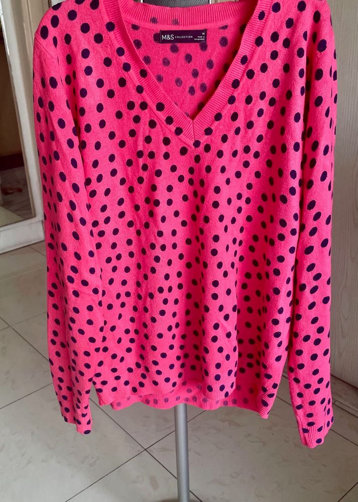 Pink Polka Dot V-Neck Sweater