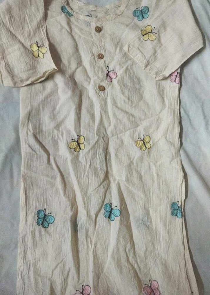 New Off White Butterfly Straight Kurti