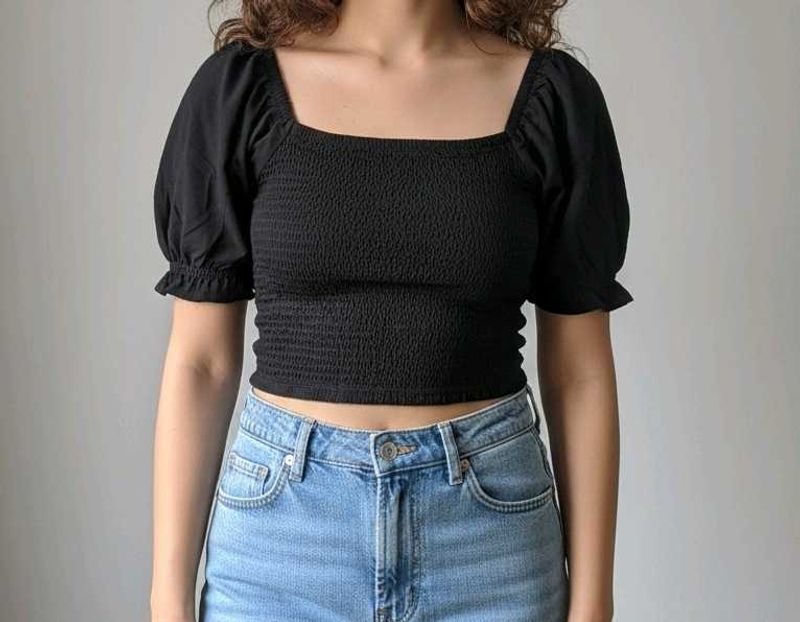 Chic Black Smocked Crop Top
