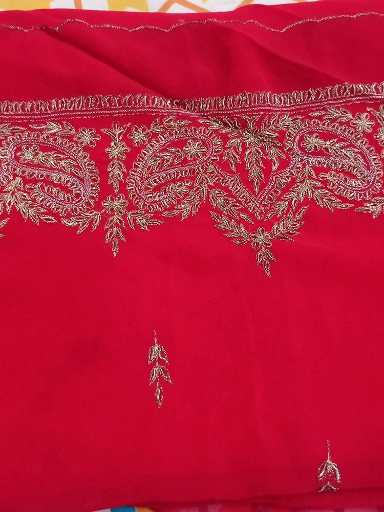 New Red Crepe Saree Silver Metallic Thread Work