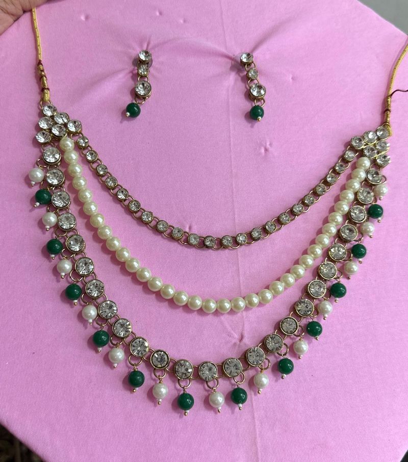 Elegant Green &amp; Pearl Necklace Set