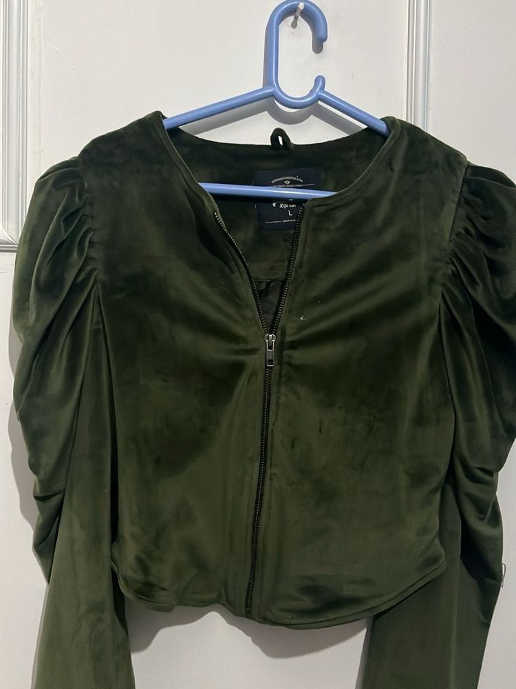Olive Velvet Cropped Jacket