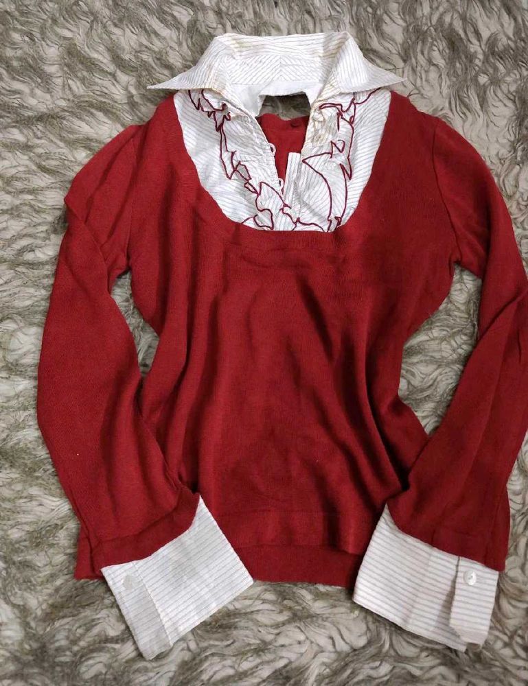 90s Dark Red Top With Collar