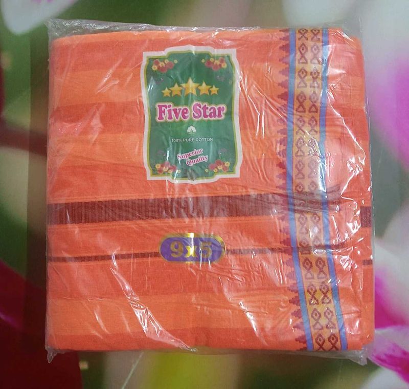 Five Star Orange Pure Cotton Dhoti Jode