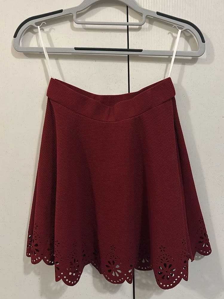 Floral Design Maroon Short Skirt