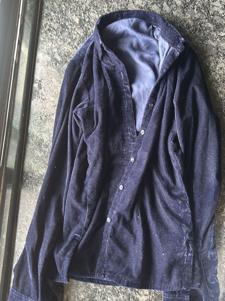 Jewel Blue Button Down Velvet Shirt