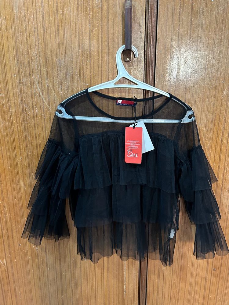 Black Ruffled Mesh Top