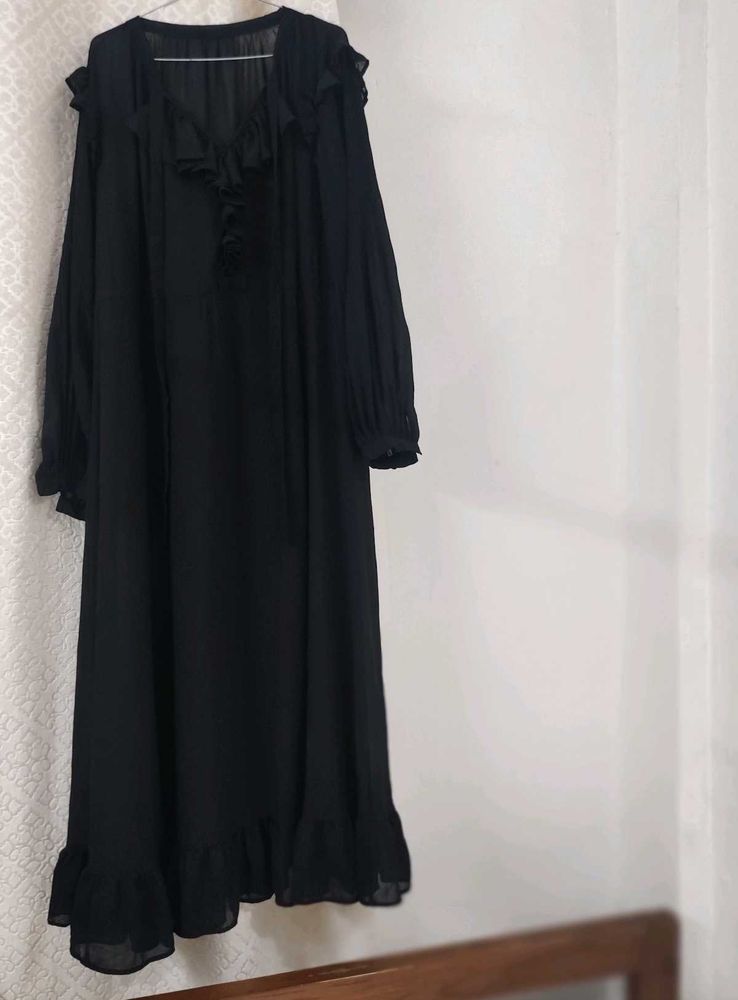 See Through Solid Black Maxi Dress