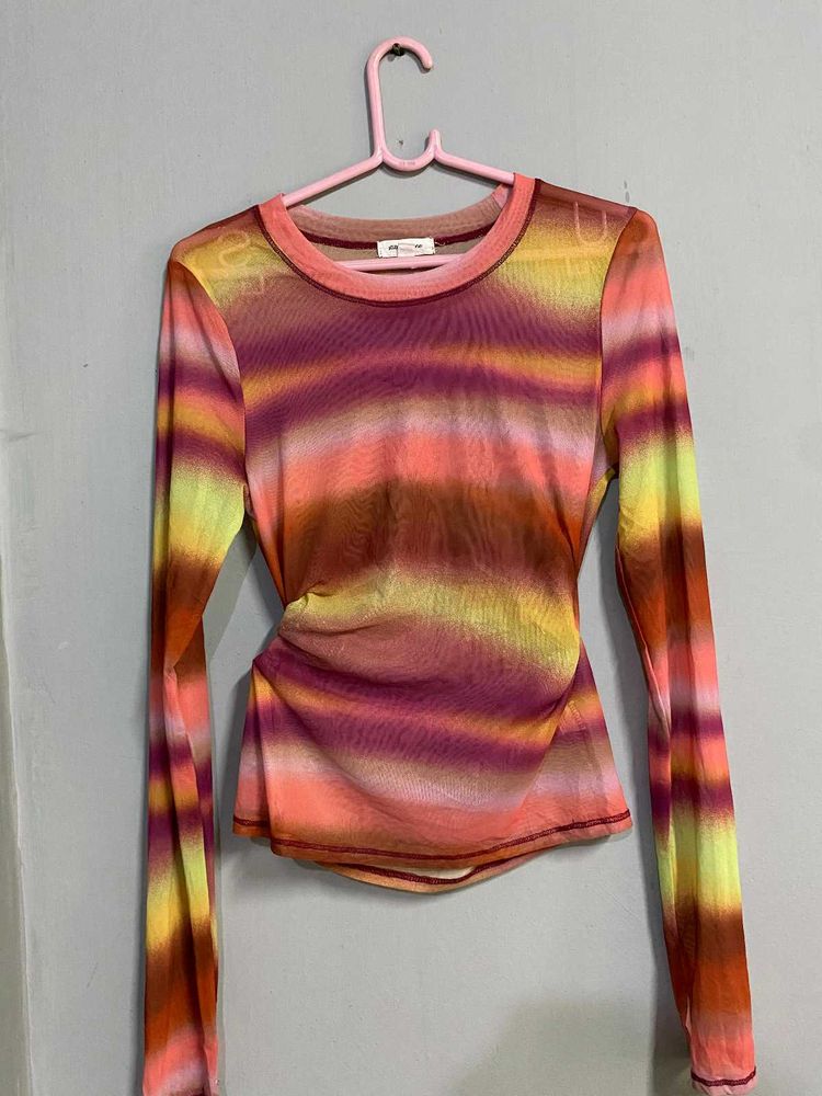 Y2K Gradient Ruched Mesh Long Sleeve Top