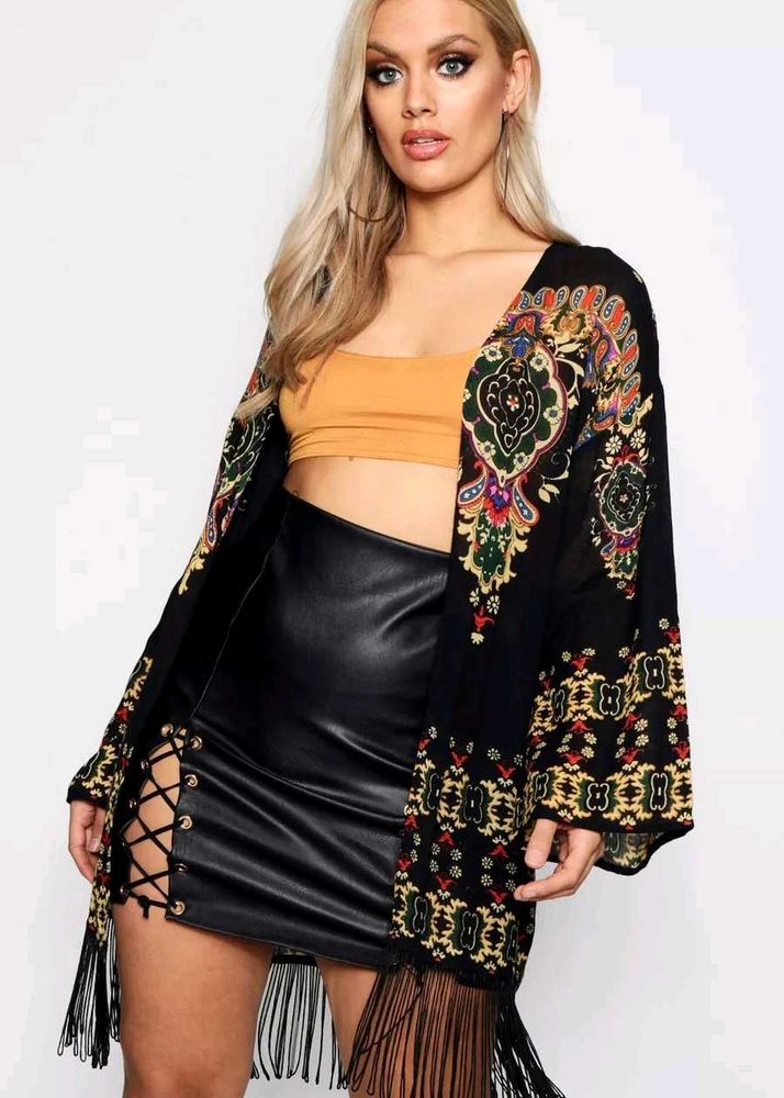 Plus Printed Fringe Kimono