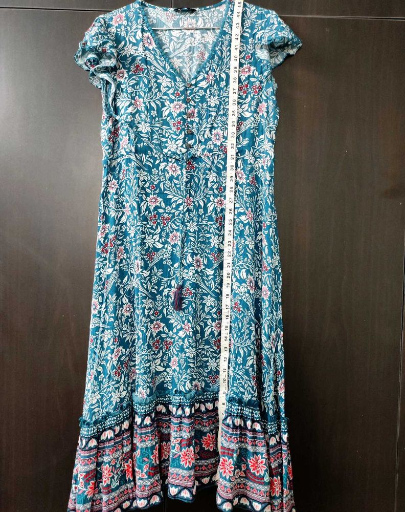 Teal Floral Midi Dress With Very Short Sleeves