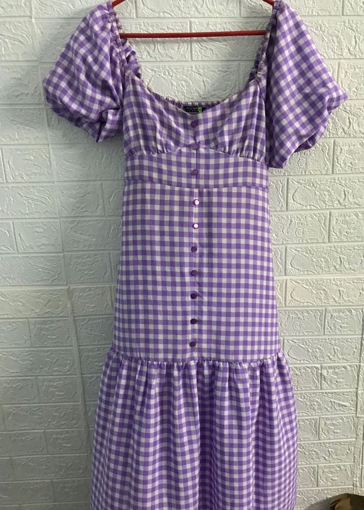 Lilac Gingham Puff Sleeve Midi Dress