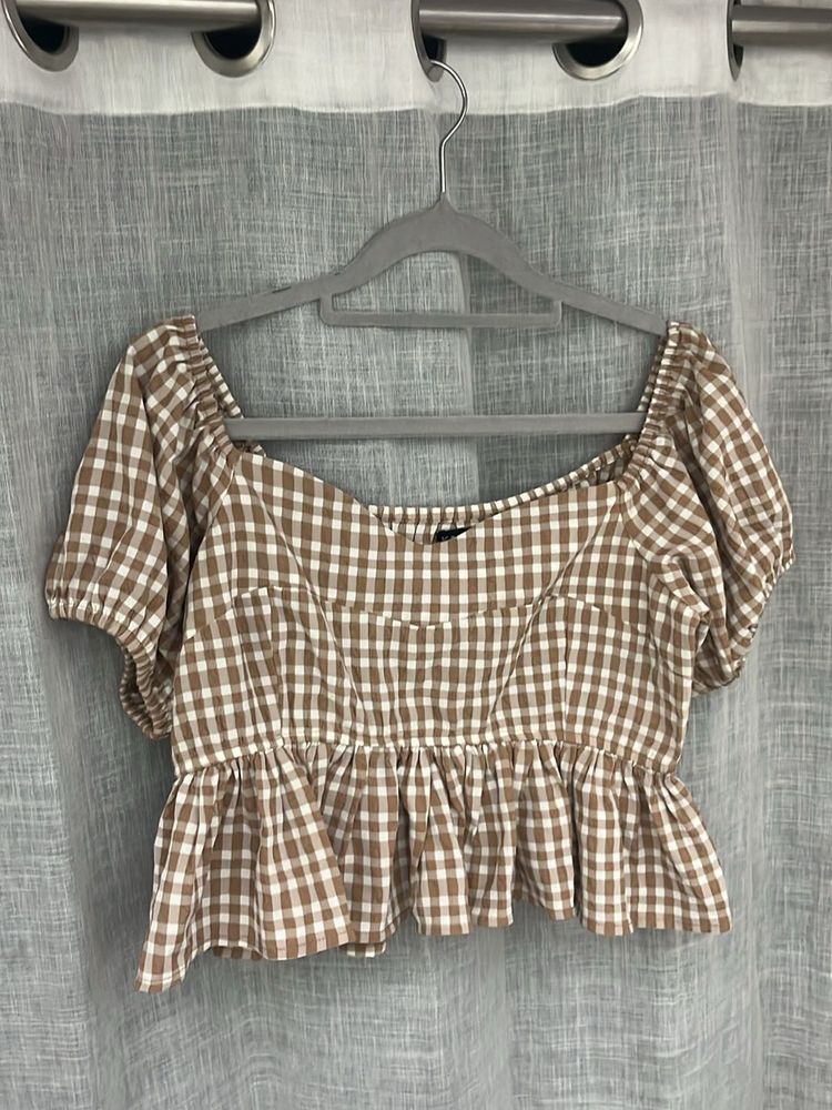 Gingham Sweetheart Neckline Peplum Top