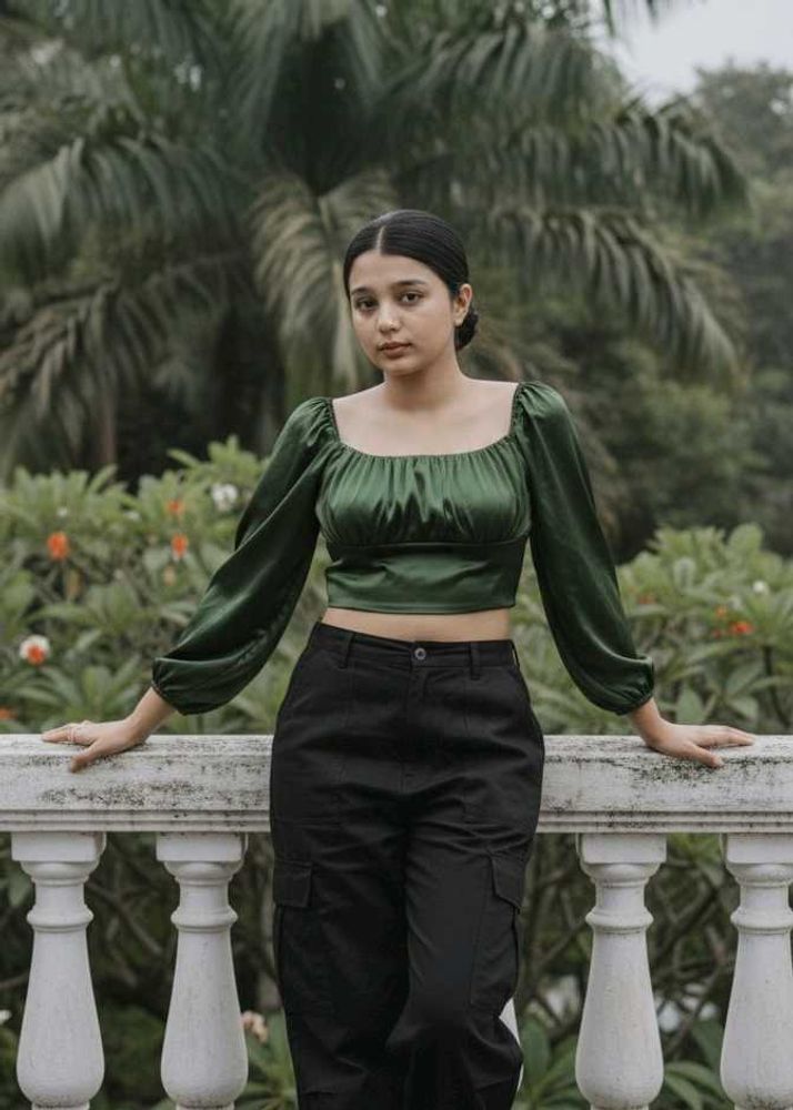 Green Long Sleeve Crop Top