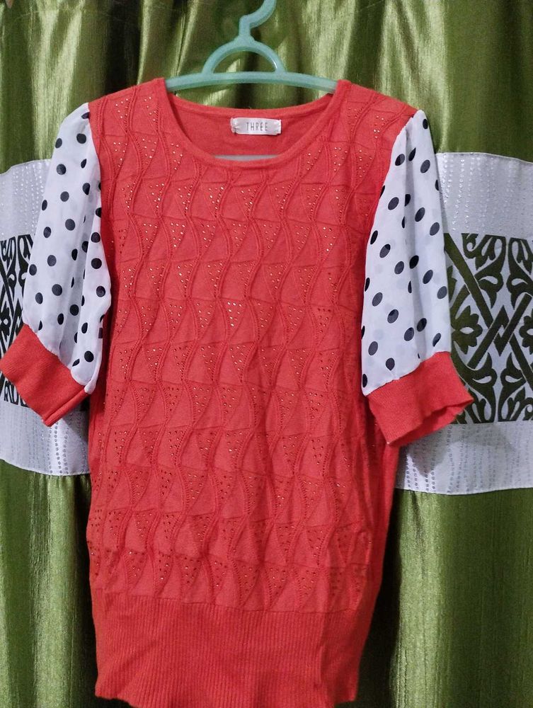 Orange Top with Polka Dot Sleeves
