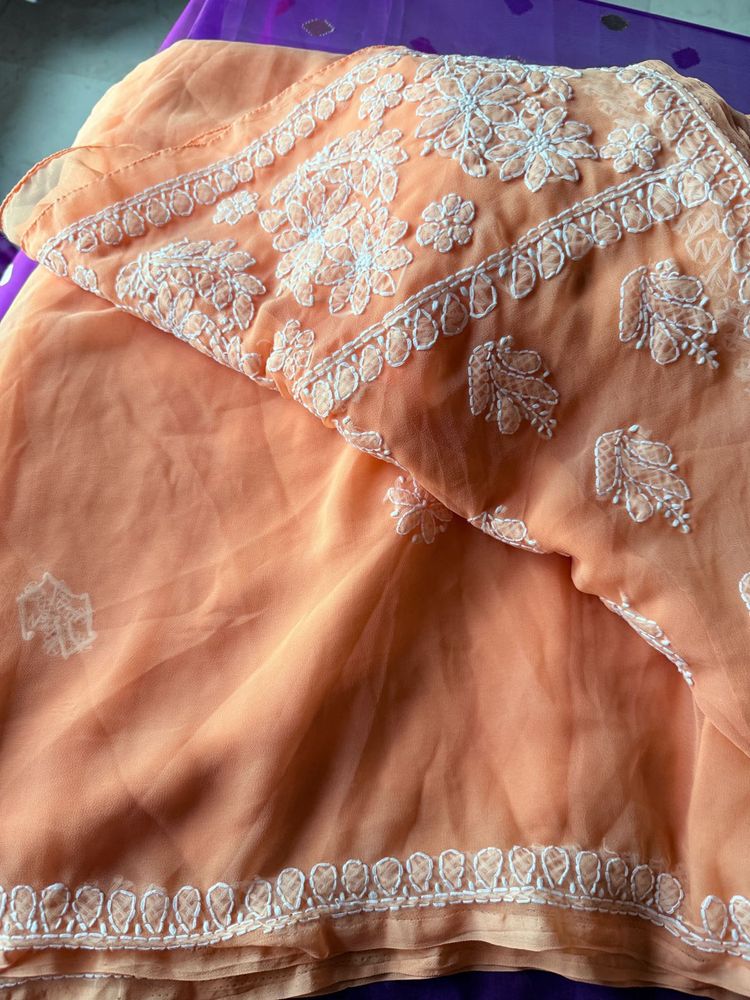 Unused Peach Lukhnowi Saree