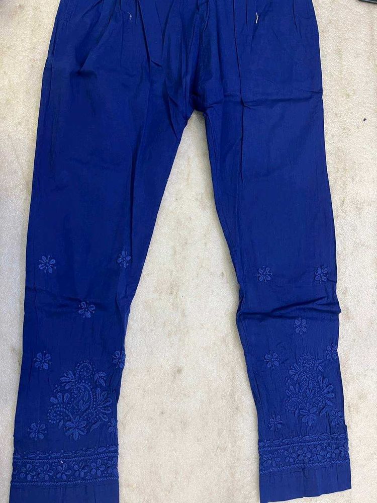 Blue Embroidered Cotton Pants