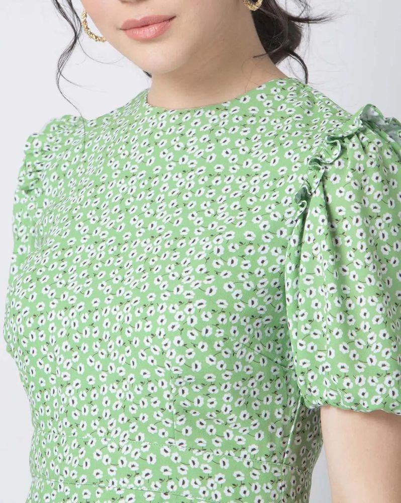Green Floral Puff Sleeve Dress
