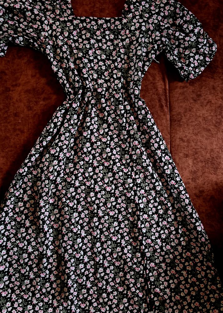 Beautiful Floral Midi Dress Women Square Neck