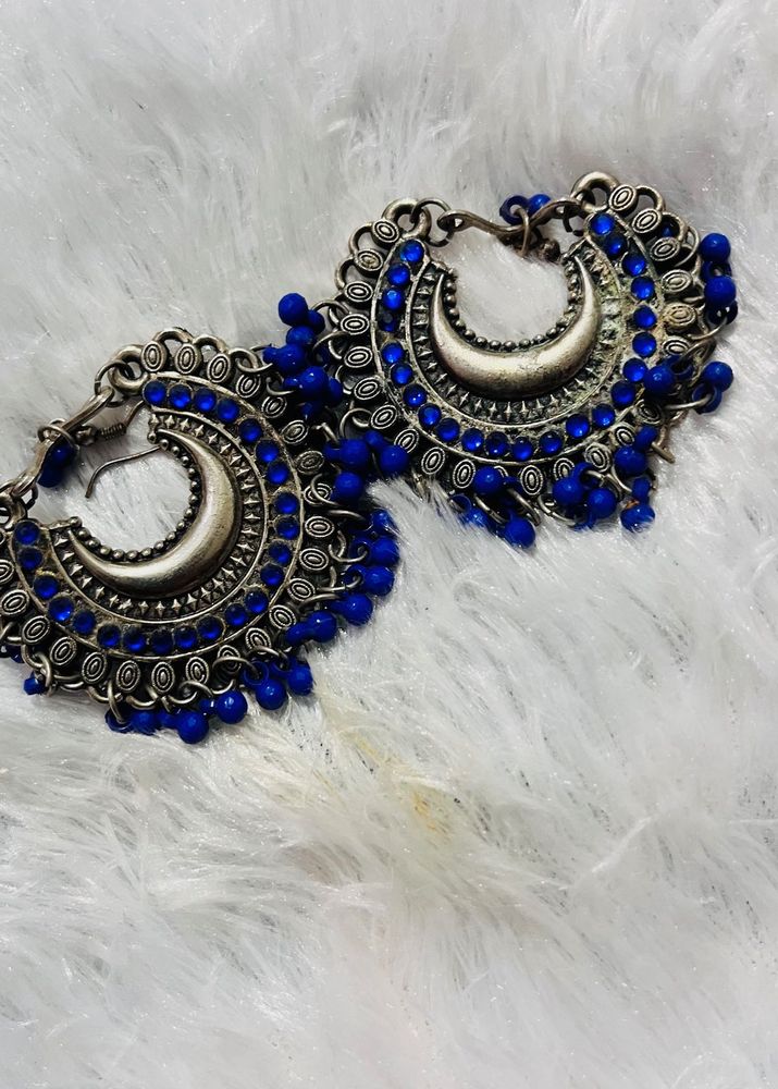 Blue Beaded Crescent Earrings