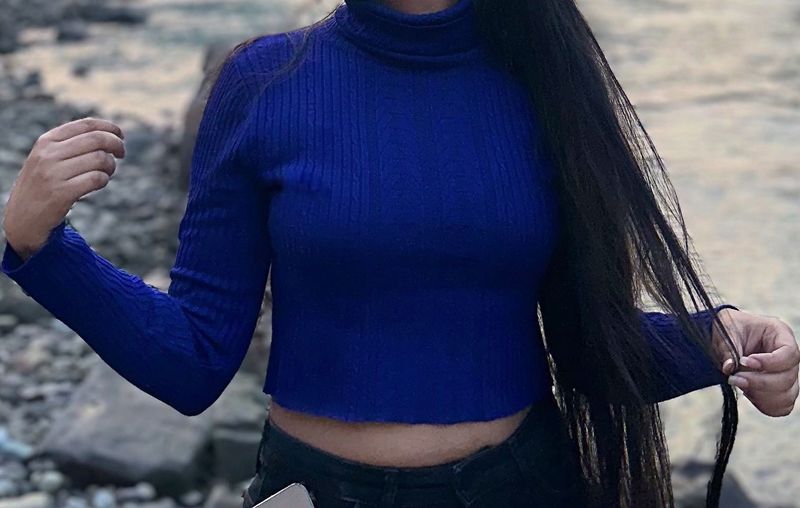 Blue Crop High Neck Sweater