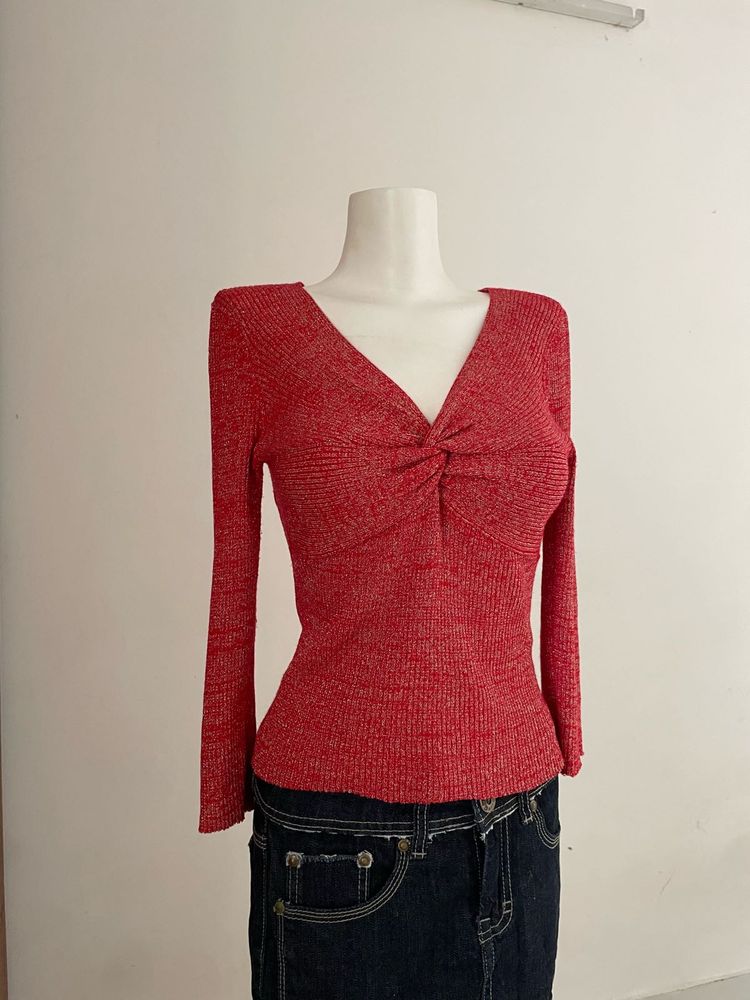 Red V-Neck Long Sleeve Top