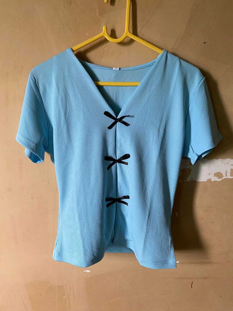 Blue Bow Front Fitted Top