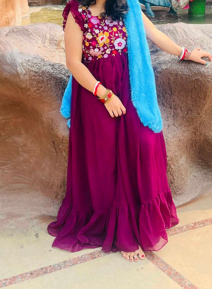 Purple Embroidered Maxi Gown Dress