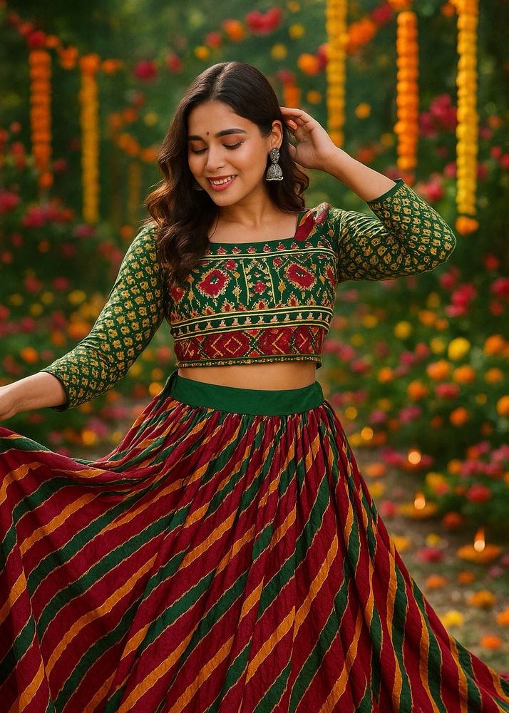 Festive Green &amp; Maroon Lehenga Set