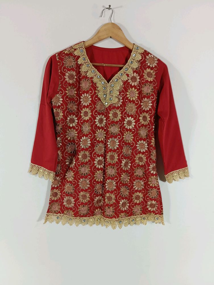 Red Embroidered Casual Top (Women)
