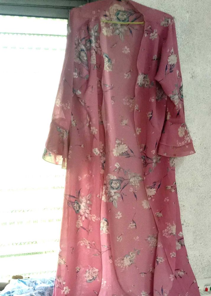 Women long line full sleeves shrug floral pink