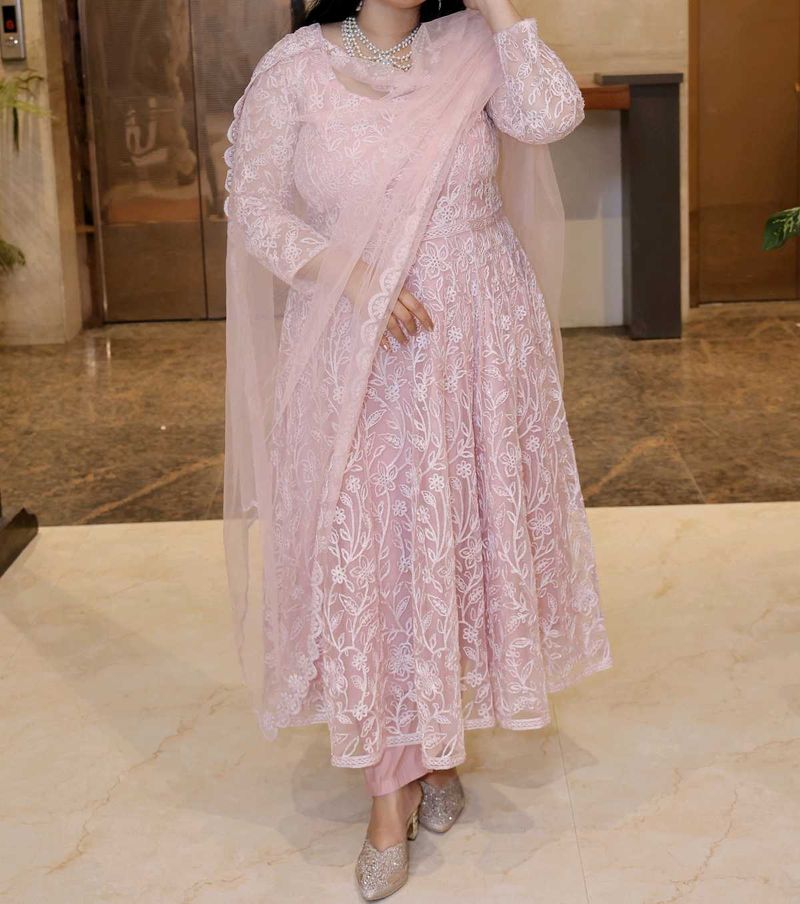 Embroidered Anarkali Kurta With Trousers &amp; Dupatta