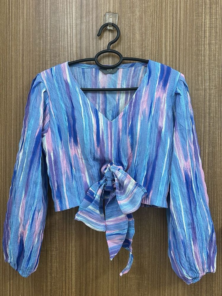 Blue Striped Tie-Front Crop Top