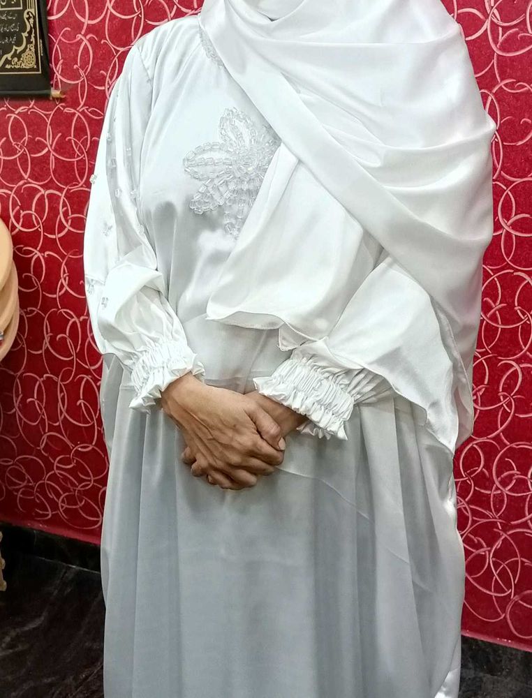 White Satin Stone Embroidered Abaya