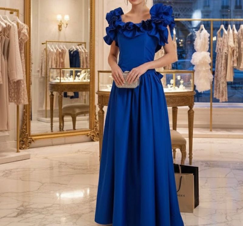 Royal Blue Vintage Ruffled Gown With Bow SnOn Back