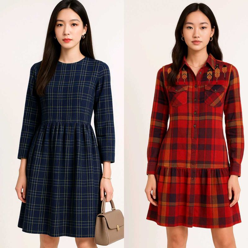 Plaid Pleated Korean Dress Combo