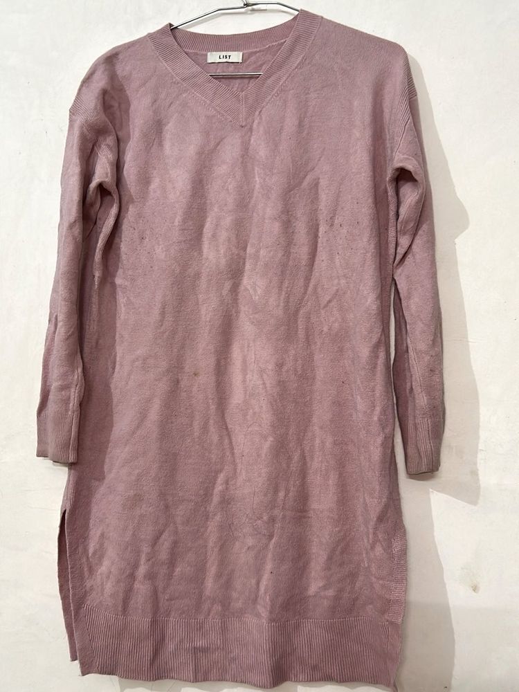 Mauve V-Neck Sweater Dress