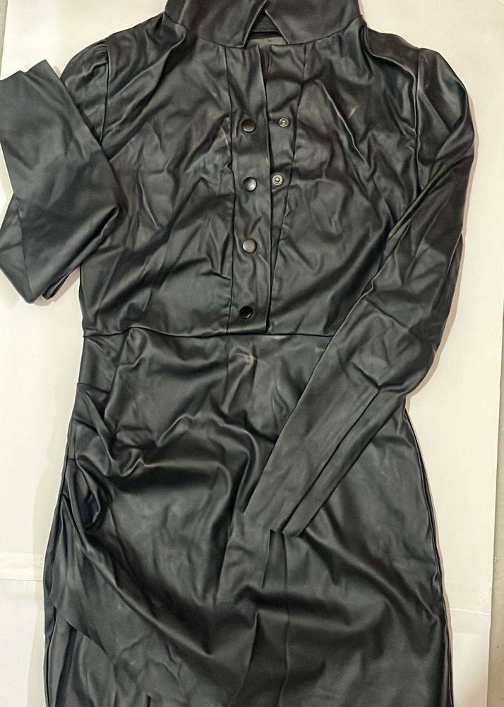 Black Faux Leather Button-Down Dress