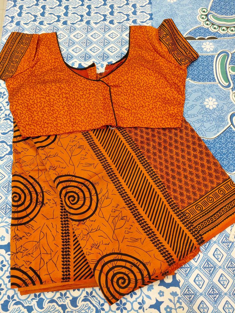 Orange Bangalore Silk Saree With Blouse
