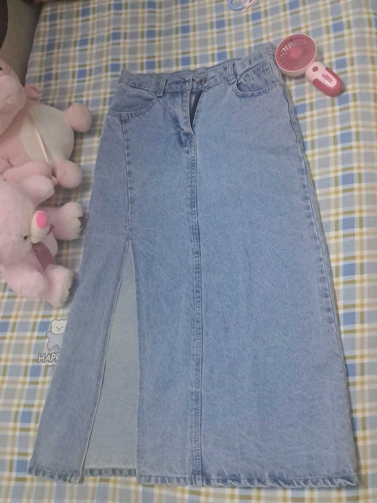 Denim Midi Skirt with Slit