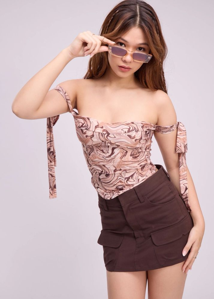 Marble Print Tie-Shoulder Top